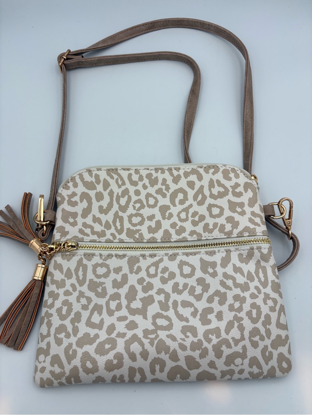 Taupe Leopard Print Crossbody Bag with Tassel Detail